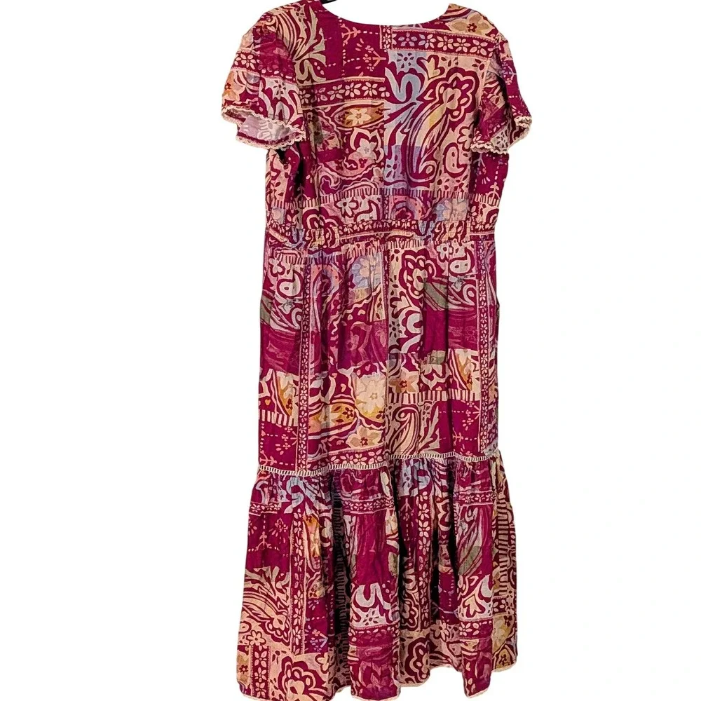 Indigo Thread Co Boho Maxi Dress Burgundy Paisley Print Flutter‎ Sleeve XL NWOT - Picture 4 of 9